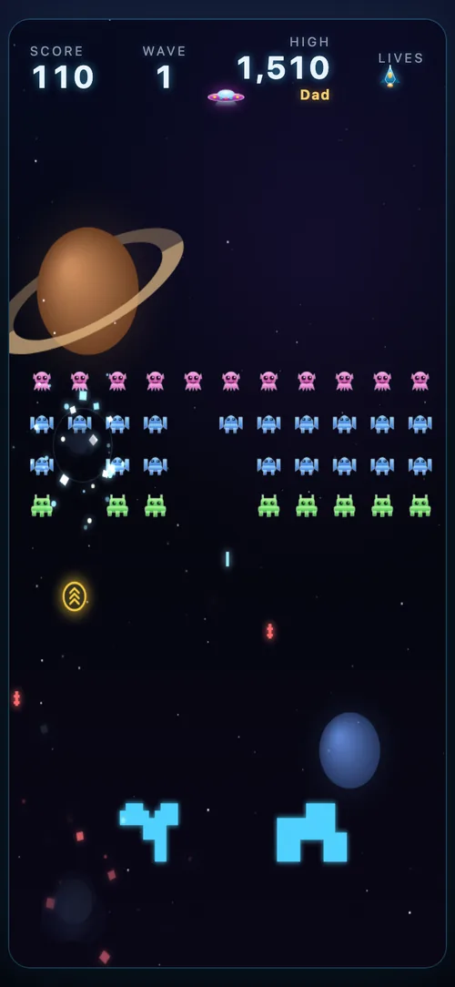 Space Invaders mid-explosion with a power-up pod falling towards the ship