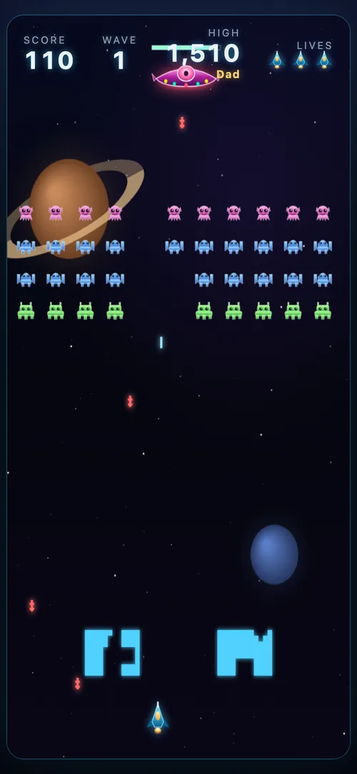 Neon Swarm with the bonus UFO crossing the top of the screen and the bunkers eroded